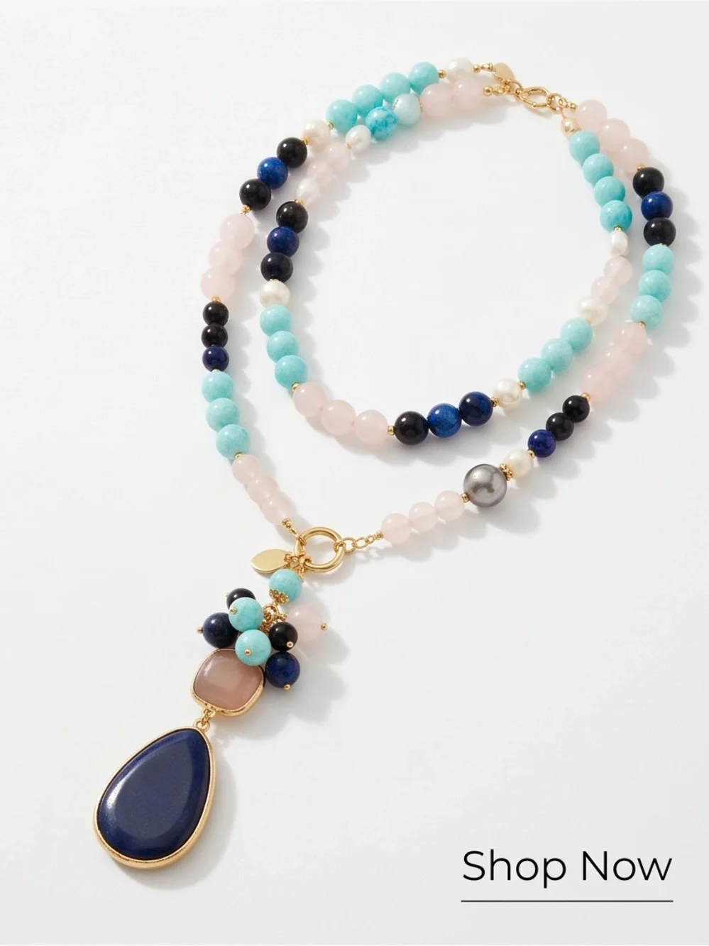 Multicolor Beaded Necklace with Navy Teardrop Pendant